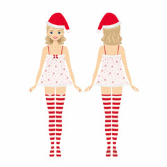Young woman dressed in Christmas underwear. Front and back views. Cartoon flat style. Vector illustration
