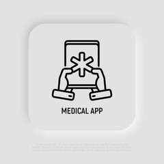 Medical app on tablet in hands thin line icon. Modern vector illustration.