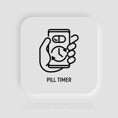 Pill timer, health mobile app thin line icon. Modern vector illustration.