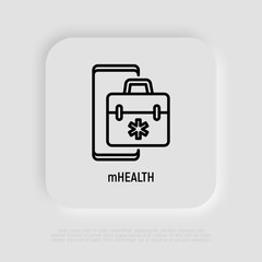 Telemedicine thin line icon, first-aid kit on screen of smartphone. Modern vector illustration of online medical consultant.