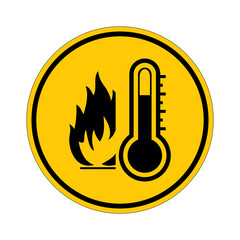 High temperature warning sign. Vector illustration of yellow circular sign with fire and thermometer icon inside. Very hot and scorching. Caution symbol isolated on background. Summer concept.