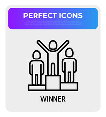 Winner at podium thin line icon. Champion, leader, achievement of goal. Vector illustration.