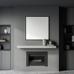 Grey living room interior with bookshelf and fireplace, poster mockup
