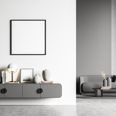 White and grey living room areas with empty square frame on wall