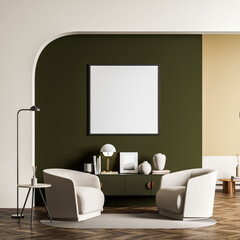 Square canvas on wall of seating area with green and beige walls