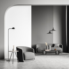 Stylish grey living room with minimalist trends