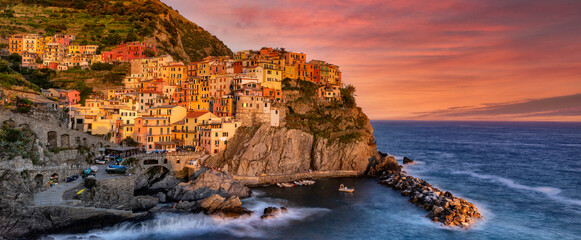 Famous city of Manarola during sunset.  Italy - Cinque Terre, Liguria