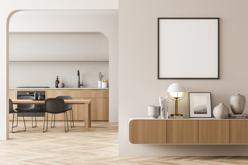 Empty white square frame in beige living space with background kitchen