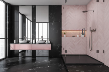 On trend shower room with pink and black tiled walls - obrazy, fototapety, plakaty