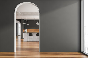 Archways between areas and stylish grey kitchen