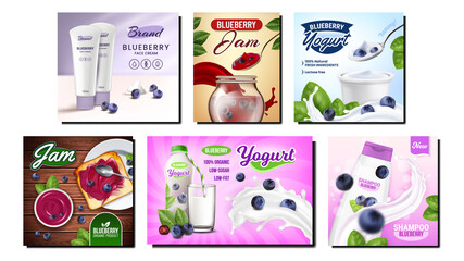 Blueberry Product Promotional Posters Set Vector. Blueberry Jam And Yogurt Blank Packages, Facial Cream And Shampoo Cosmetics On Advertising Banners. Style Concept Template Illustrations