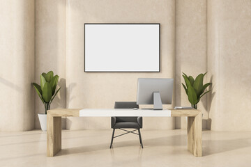 Horizontal canvas on beige wall of modern minimalist office