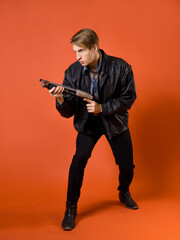 Naklejka premium a cool hunter of evil spirits, a guy in a casual shirt and a leather jacket