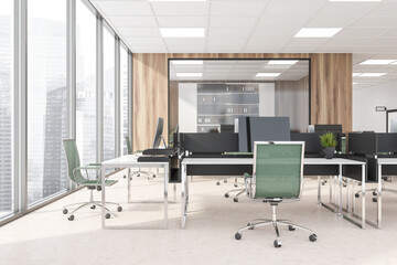 Business room interior with office furniture and private manager room, city view
