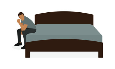 Male character sitting on bed on white background