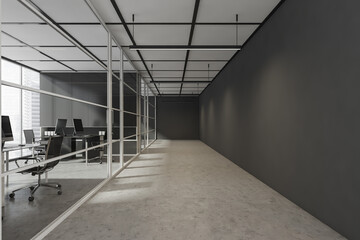 Modern grey office corridor with concrete floor