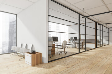 Office corridor with white seating and wood plank flooring. Corner view.