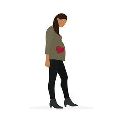 Fototapeta premium Pregnant female character with a picture of a heart on her belly stands on a white background