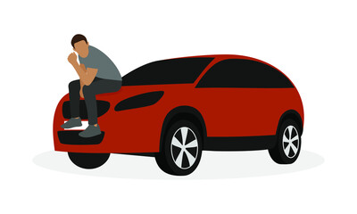 Male character sitting on the hood of a car on a white background