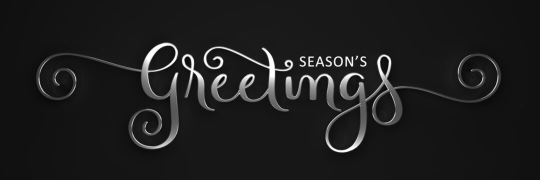 3D render of SEASONS'S GREETINGS silver brush calligraphy with swashes on dark background