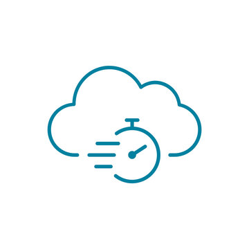 Cloud Stopwatch Line Icon. Cloud Computing Time Schedule. Fast Network Response. Latency Server Provider Response. Timer With Cloud Outline. Real Time Service Access. Vector Illustration, Clip Art. 