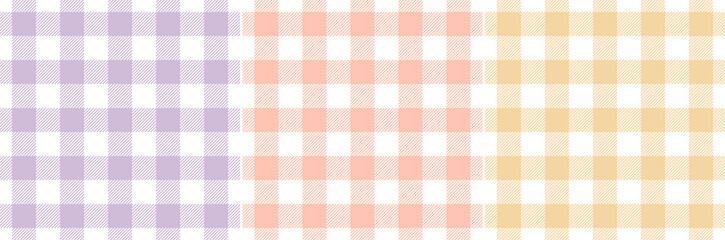 Gingham pattern for spring summer in pastel lilac purple, orange, yellow, white. Seamless light vichy background print for tablecloth, oilcloth, picnic blanket, other modern fashion textile design.