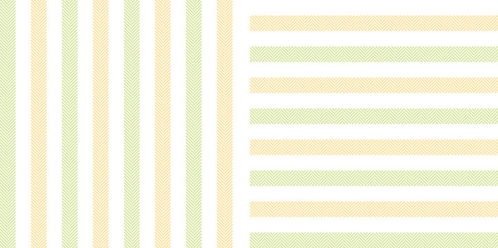 Stripe pattern set with herringbone texture in light green, yellow, white. Seamless pin stripes vector background graphic for shirt, dress, skirt, other spring summer fashion textile design.