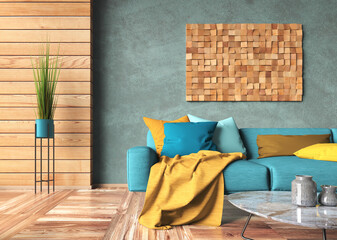 Interior design of modern living room with turquoise sofa and multicolored cushions, stucco wall with wooden decor. Home design. 3d rendering