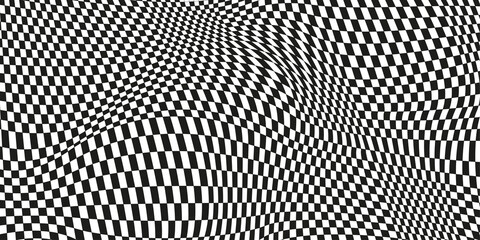 Abstract black and white checkered background. Geometric pattern with visual distortion effect. Optical illusion. Op art.