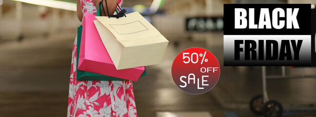 Black Friday cover banner for social media or other background, with woman and shopping bag. Black...