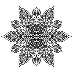 a fabulous flower. mandala. isolated black and white contour drawing by hand. circular ornament. element. embroidery, template, coloring page, henna, print, tattoo.