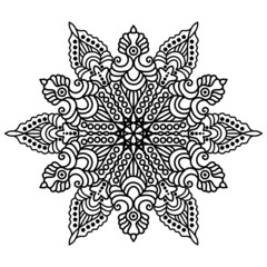 a fabulous flower. mandala. isolated black and white contour drawing by hand. circular ornament. element. embroidery, template, coloring page, henna, print, tattoo.