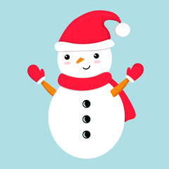Cute smiling funny snowman in red Santa hat, scarf and  mittens. Festive Christmas, New Year, winter season baby kid character