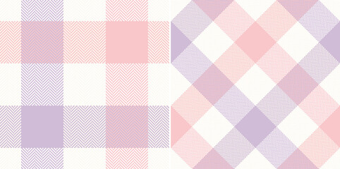 Plaid pattern with herringbone texture in pastel lilac purple, pink, off white. Seamless large tartan buffalo check. Light gingham vichy for flannel shirt, skirt, blanket, other spring summer print.