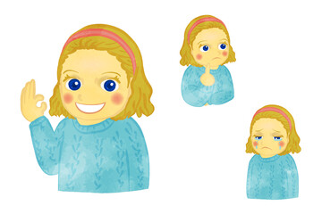 Blonde Caucasian Waved Girl Illustration Set