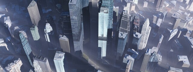 Beautiful view of the modern city from a bird's eye view, skyscrapers top view, sunrise over the city, high-rise buildings in the fog, 3D rendering 