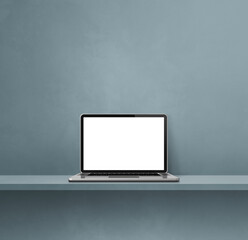 Laptop computer on grey shelf. Square background