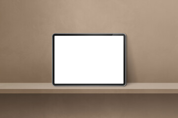 Digital tablet pc on brown wall shelf. Horizontal background banner