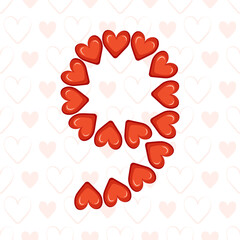 Number nine from red hearts on seamless pattern with love symbol. Festive font or decoration for valentine day, wedding, holiday and design