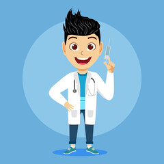 Happy cute kid boy character wearing scientist doctor outfit standing and holding injection