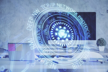 Multi exposure of data theme drawing and office interior background. Concept of technology.