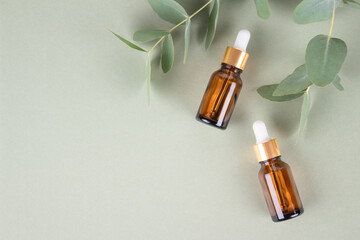 Mockup image of glass dropper bottles with eucalyptus oil. Modern organic cosmetics, facial...