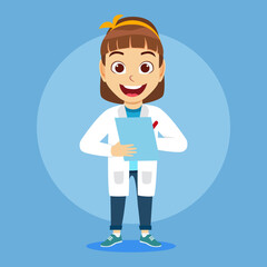 Happy cute kid girl character wearing scientist doctor outfit standing and holding file and writing