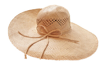 brown floppy lady straw hat with raffia straw ribbon isolated on white background