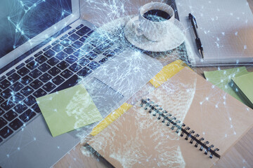 Double exposure of brain drawing and desktop with coffee and items on table background. Concept of research.