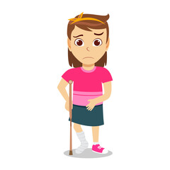 Fototapeta premium Cute beautiful kid girl character wearing beautiful outfit and injured kid with broken leg