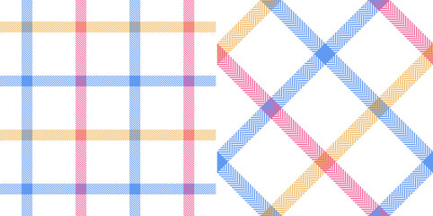 Colorful plaid pattern set in bright blue, pink, yellow, white for spring summer. Herringbone seamless windowpane tartan for flannel shirt, scarf, skirt, other modern fashion fabric print.