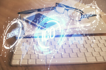 Double exposure of blockchain theme drawing and cell phone background. Concept of cryptomarket