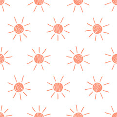 WHite seamless pattern with pink  hand drawn sun.