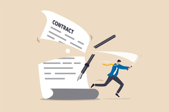 Contract cancellation or agreement terminated, partnership breaking signed business deal, code of conduct mistake concept, confident businessman using sword to cut agreement contract document apart.